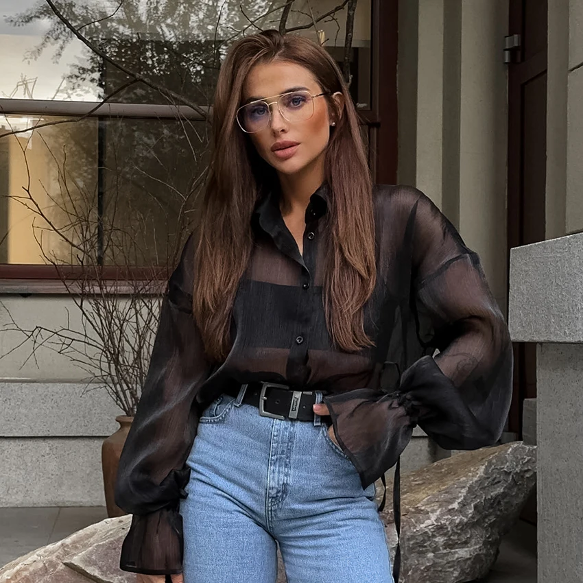 

Linad Loose Solid Color Black Shirts Summer Sexy See-Through Blouses Spring Office Lady Fashion Long Puff Sleeve Tops For Woman