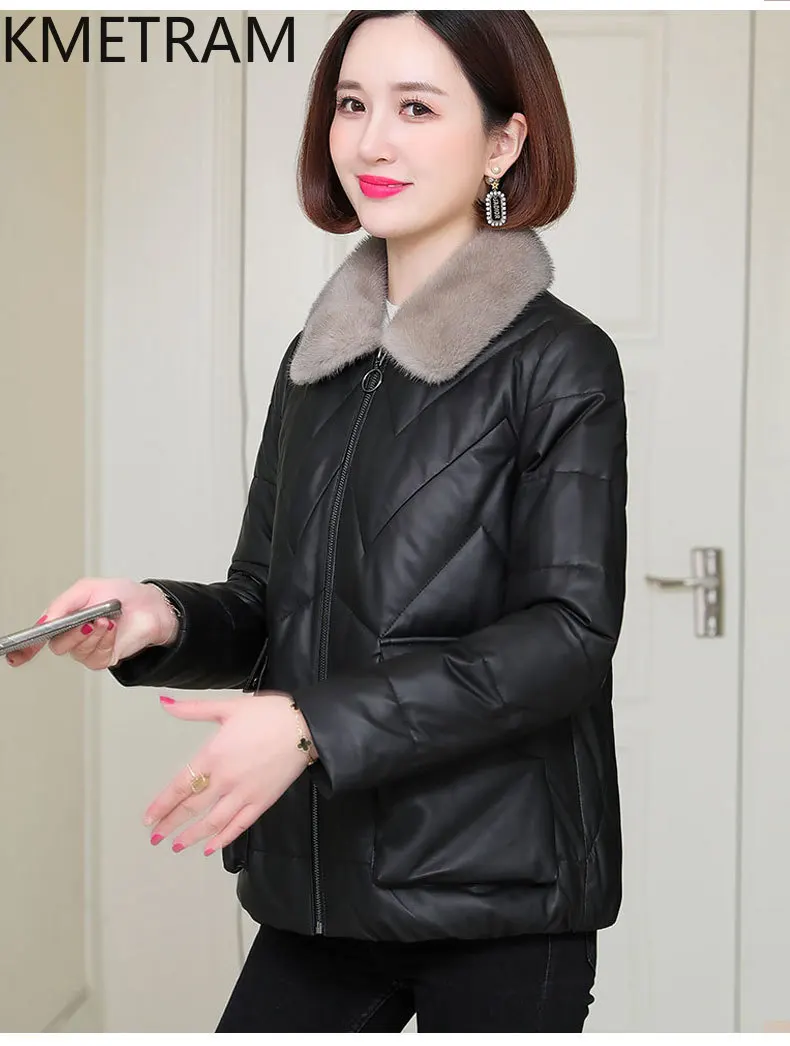 100% シープスキンダウンコート女性本革ショートフグジャケットミンクの毛皮の襟 2025 冬服女性 пуховик