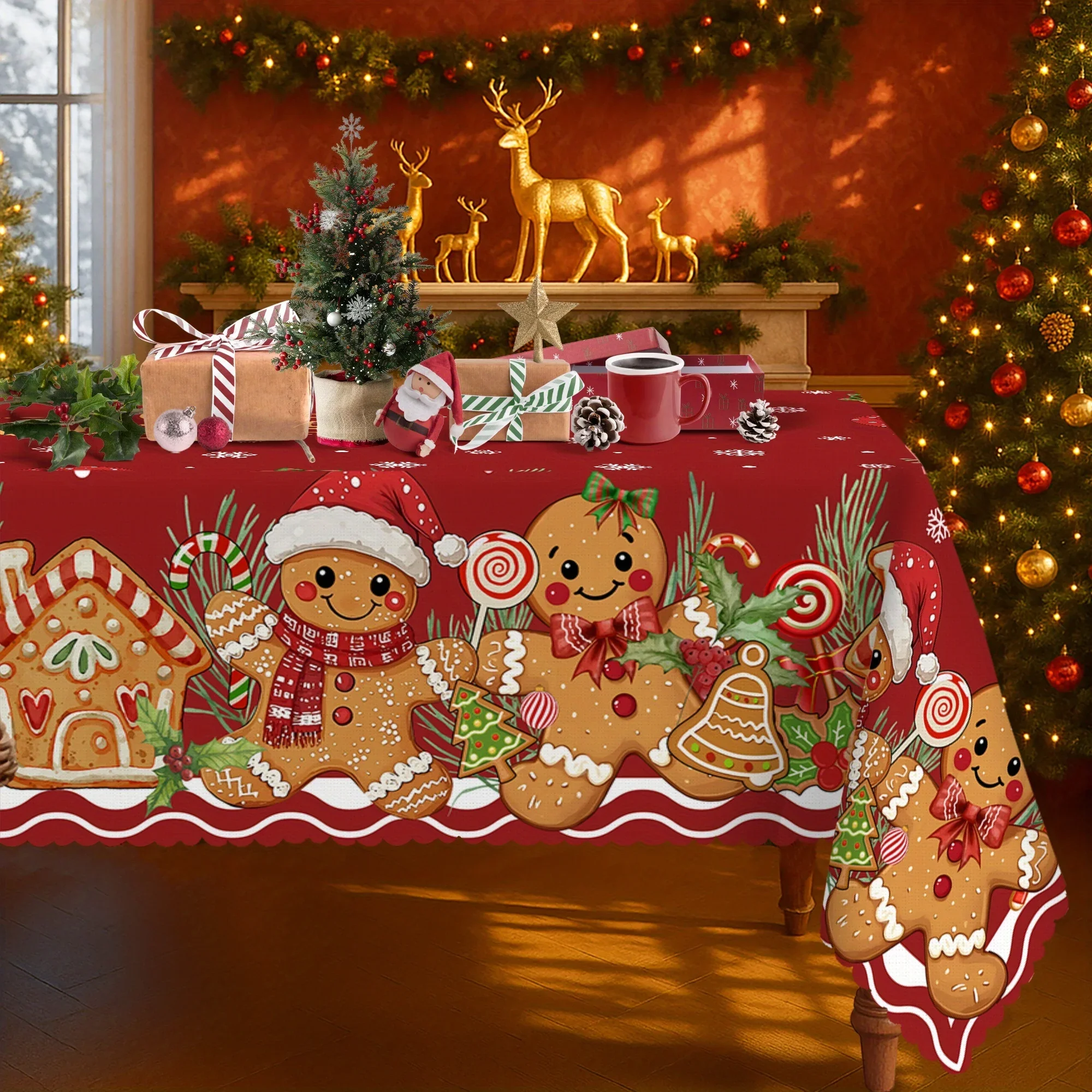 One item: Red Christmas Happy Tablecloth, with Christmas hat, scarf and bow designzyc