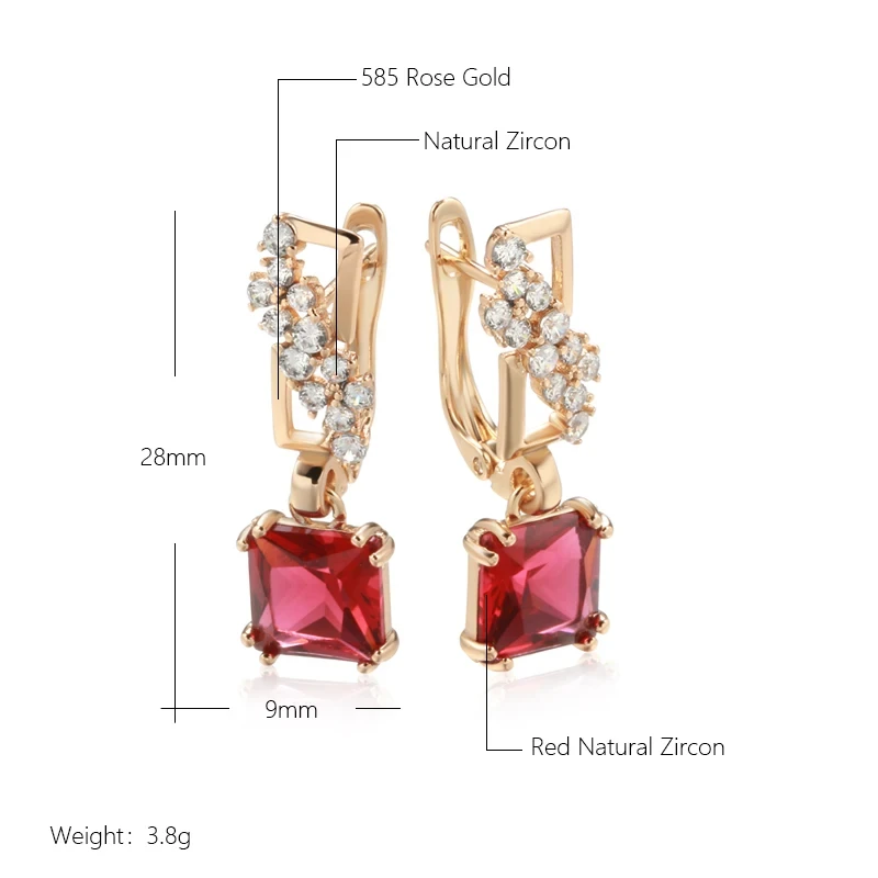 Wbmqda Fashion 585 Rose Gold Color Long Dangle Earrings For Women Square Red Natural Zircon Accessories Luxury Dubai Jewelry