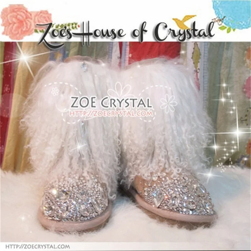 Luxury rhinestone sequins custom beach wool mid-tube fur all-in-one large size women's warm cotton shoes snow boots 35-44