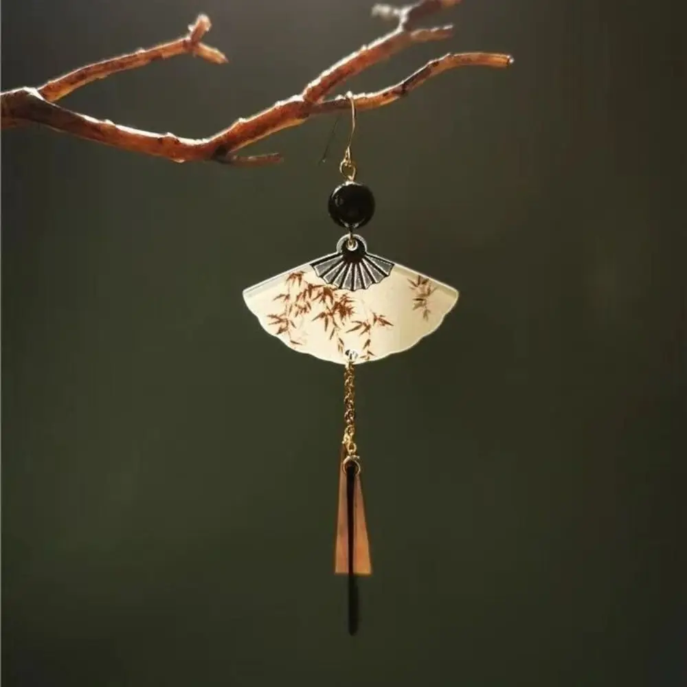 

Leaf Fan Shaped Drop Earrings Hook Piercing Tassel Chinese Style Earrings Accessories Elegant Exaggerated Long Earrings Women