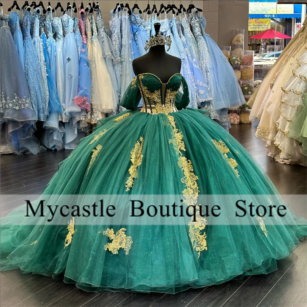 Smaragdgroene Liefje Baljurk Quinceanera Jurken 2023 Off Shoulder Gouden Appliques Strik Sweet 16 Dress Vestidos De Xv Anos