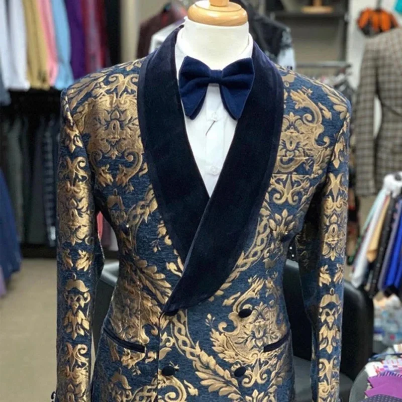 Floral Slim Fit Blazer for Men Suit 1 Piece Smoking Wedding Jacket with Velvet Shawl Lapel Double Breasted Male Fashion Coat