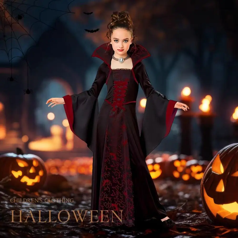 Sukienka na Halloween z kołnierzykiem stójką, sznurowana, zabawna sukienka czarownicy na Halloween, długa sukienka z rękawami dzwonkami, sukienka imprezowa dla dzieci, średniowieczna sukienka z nadrukiem dla dzieci.