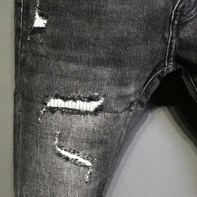Retro Stretch Skinny Fit Jeans for Men Black Gray Vintage Ripped Denim Pencil Pants with Designer Patch