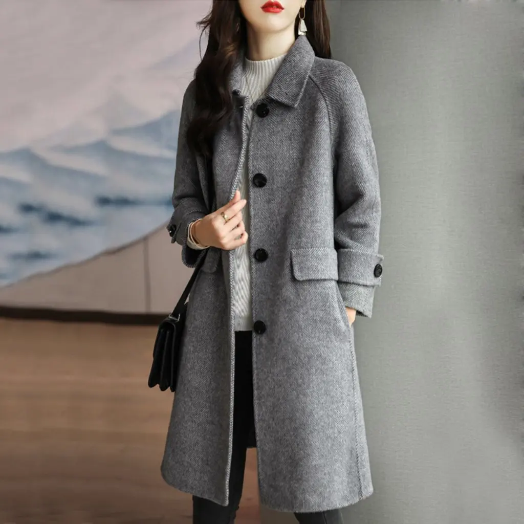 

Elegant Black Woolen Coat for Women Mid-Length Straight Korean Style Autumn Winter High-End Fashion Outerwear