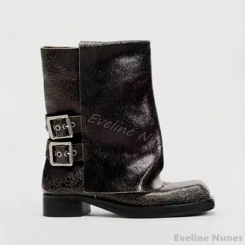 

Shiny Cracked Leather Trouser Boots Women Square Toe Belt Buckle Slip On Retro Mid Calf Boots 2026 New Fashion Motorcycle Boots