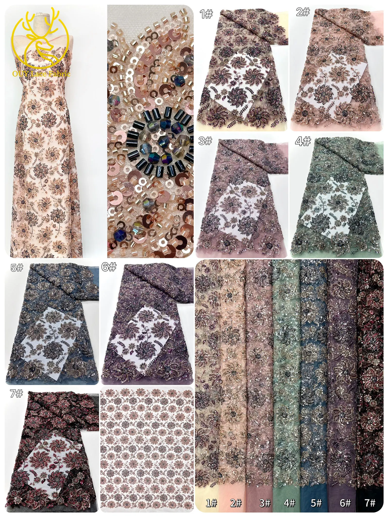 Afrikanischer Bräutigam-Perlen-Spitzenstoff 2026, hochwertiger französischer nigerianischer Pailletten-Spitzenstoff für Braut, Hochzeitskleid, Nähen, 5 Yards – Detail 2