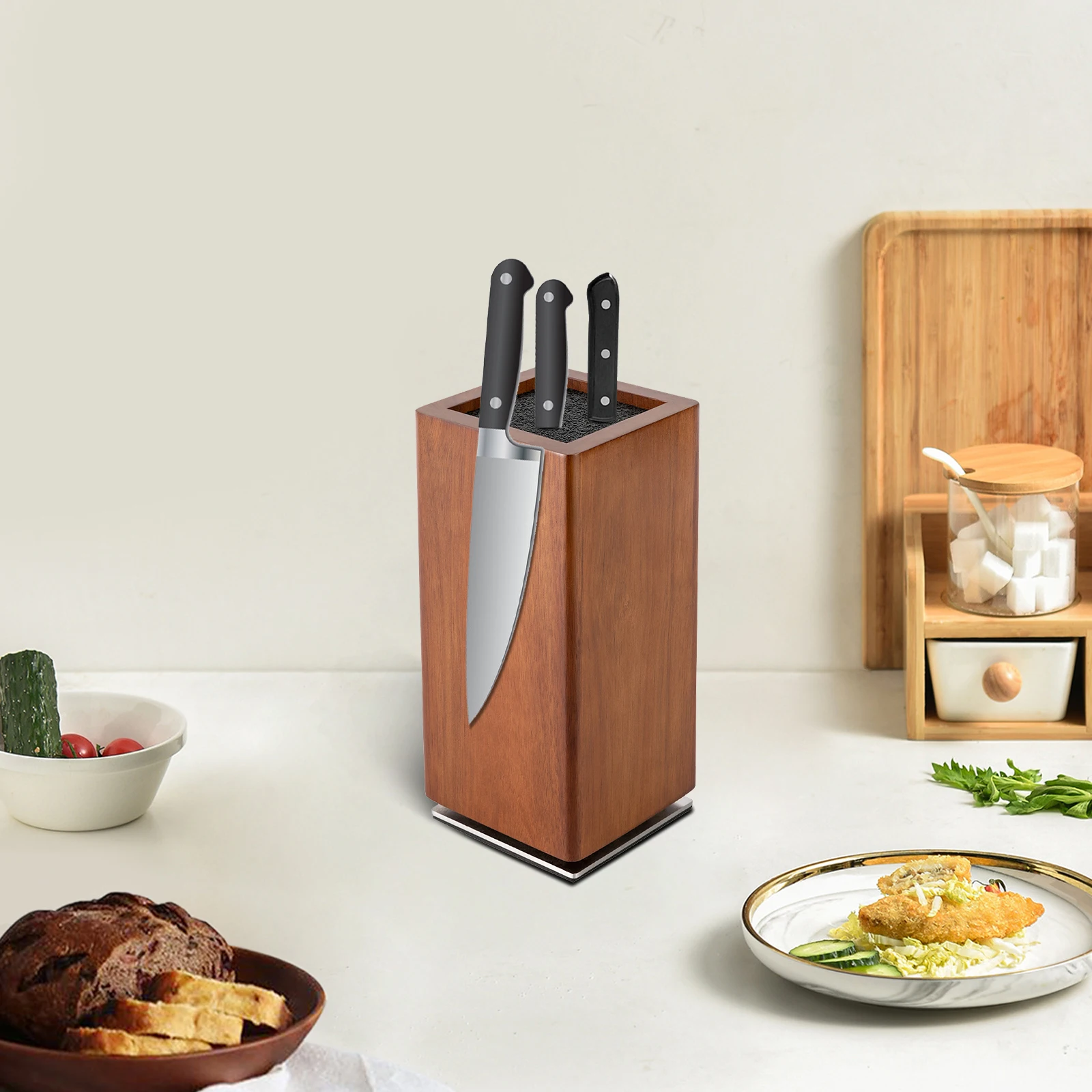 360 °   Portacoltelli magnetico con rotazione Coltelli in legno Blocchi Organizzatore di coltelli da cucina con inserto in setole 4,3 * 4,3 * 9,7 pollici