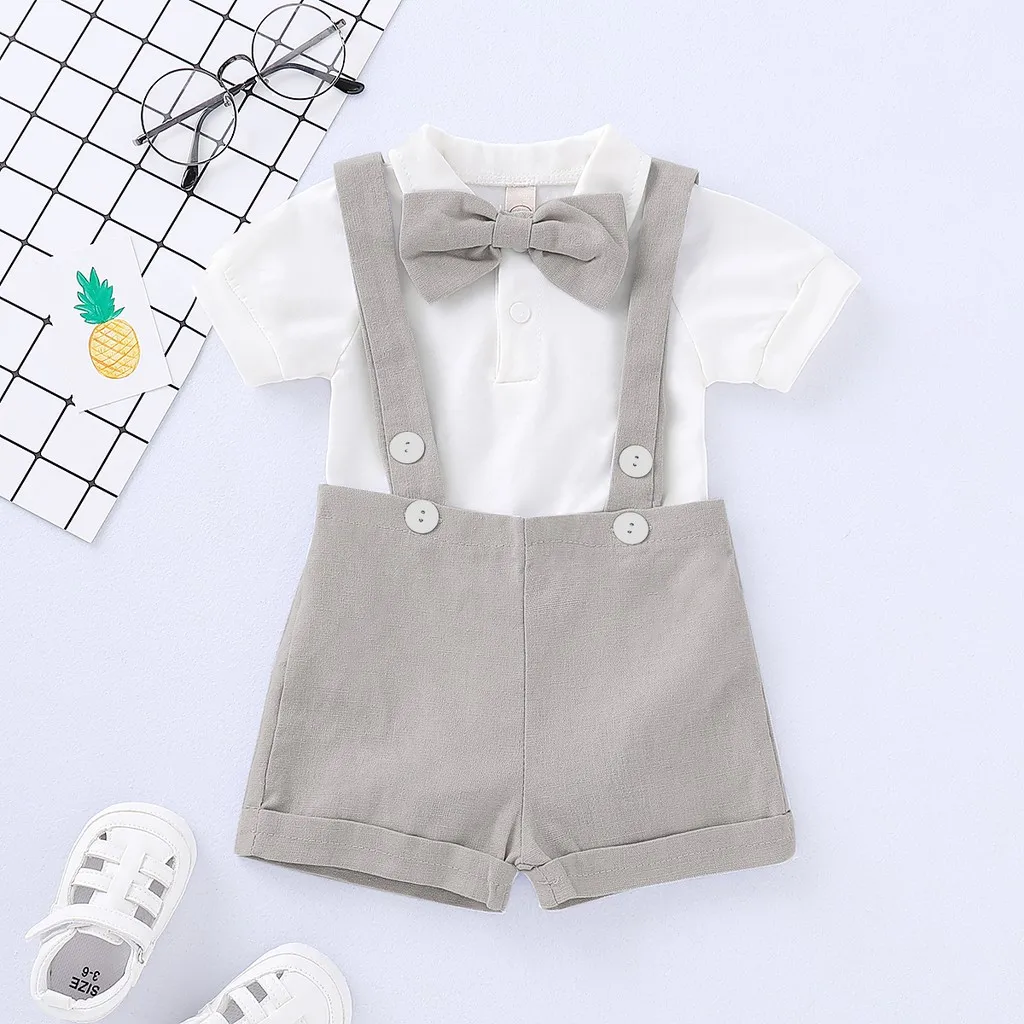 0-24 Months Baby Boy Outfits Gentlemen Suit Wedding Party Set Lapel   Romper with Bow Tie+Suspender Shorts 2PCS Summer Wear