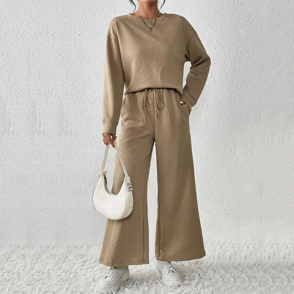 

Wide-leg Trousers Set Women's Solid Color Sport Sweatshirt Wide Leg Trousers Set with Drawstring Elastic Waist O Neck for Fall