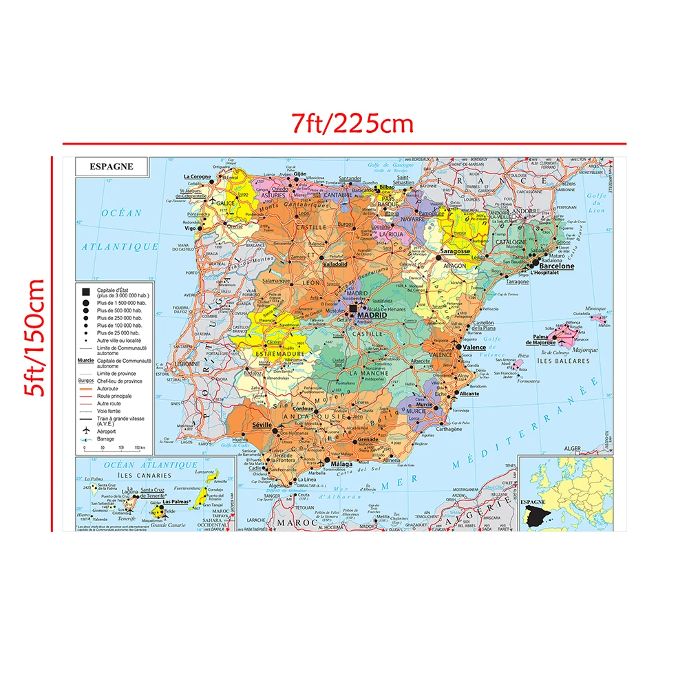 Mapa de transporte da Espanha em francês, quadro decorativo pendurado, pintura, grande cartaz detalhado, decoração de casa, escola, 225x150cm