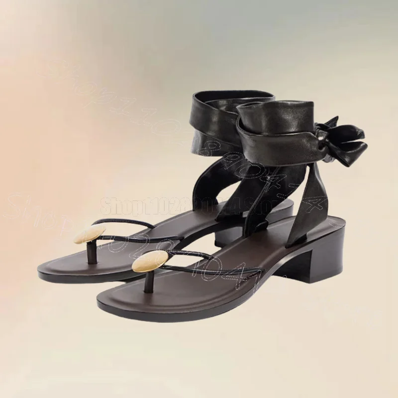 

Gold Button Brown Flip Flop Twine Sandals Lace Up Women Shoes Chunky High Heels Party Banquet Dating 2025 Zapatos Para Mujere