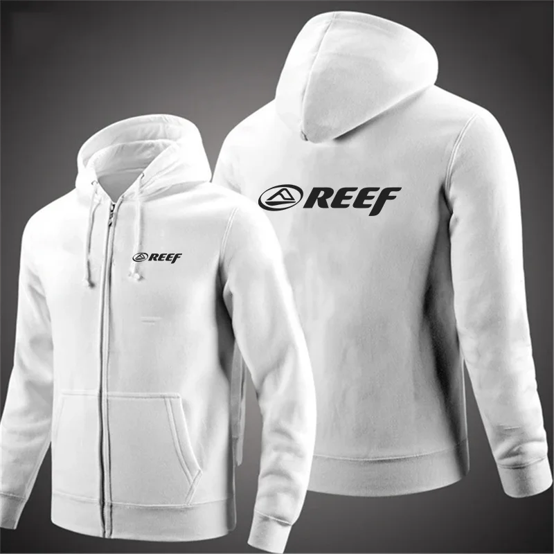 Reef cárdigan con capucha para hombre, chaqueta Jacquard con bolsillo y cremallera, deportes, Fitness, ocio al aire libre, correr, ropa deportiva de Color sólido