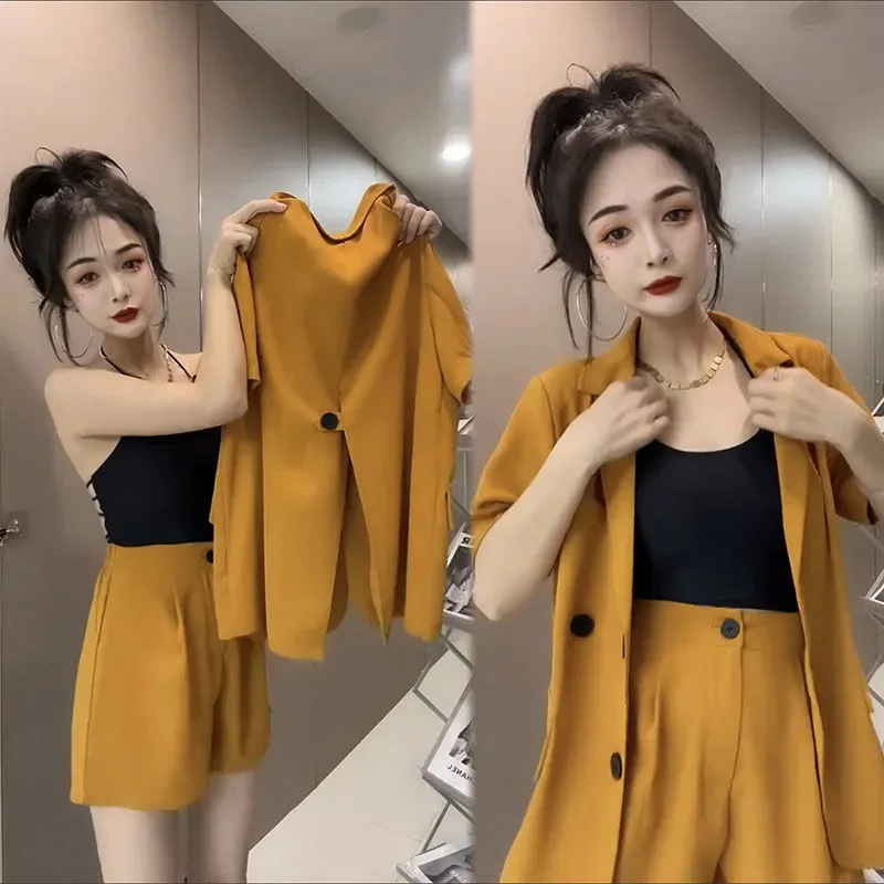 Korean Casual Suit Set 2022 New Elegant Feminine Suit Commuter Short Sleeve Small Suit Shorts Women Two Piece Set Shorts Women