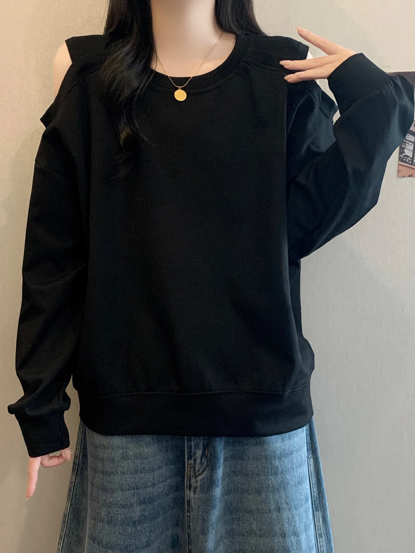 

Korean Sle Hollow out oulder Long Sve Sweatirt Women's plus Size Casual Base Layer Top Spring New Design Loose Fit