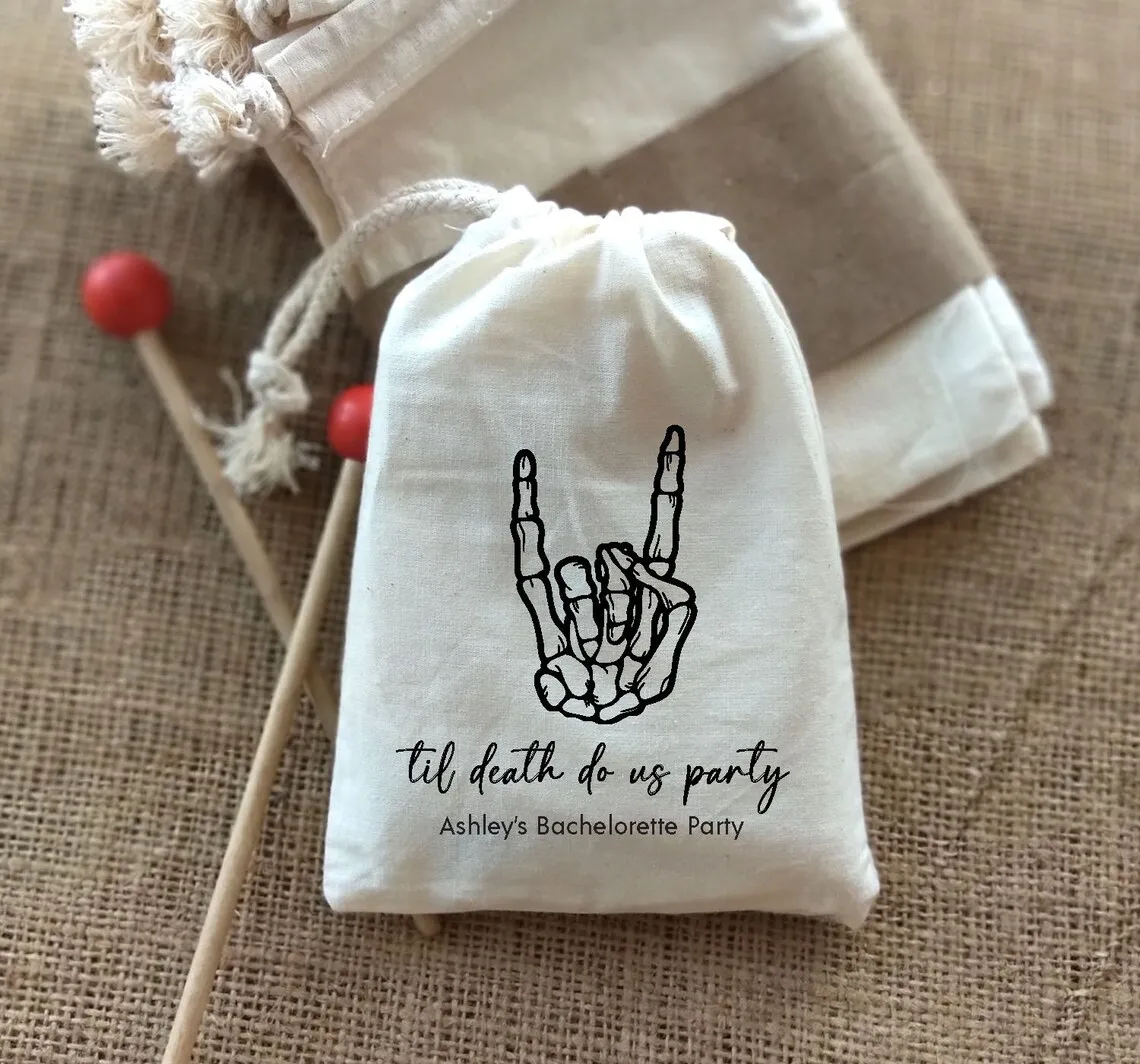 20 Til Death Do Us Party-Wedding Bag-Bachelorette Hangover Kit-RIP Last Name Bags-Recovery Kit Bags-Bride-Skeleton Rock Horns