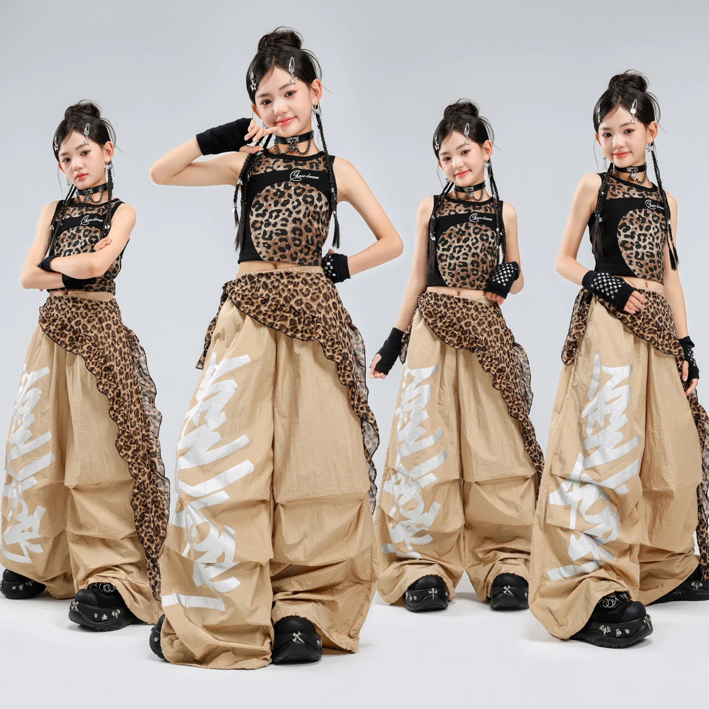 Children K-pop Leopard Print Vest Hot‑silver Pants Girls Hip Hop Girl Group Costumes Kids Streetwear Jazz Dance Clothes Sets