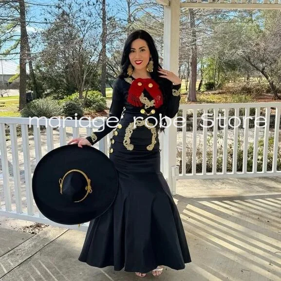 Traje de mariachi negro, vestidos de fiesta de Charro, manga larga, apliques dorados, Traje bordado, Traje de celebridad de noche mexicana