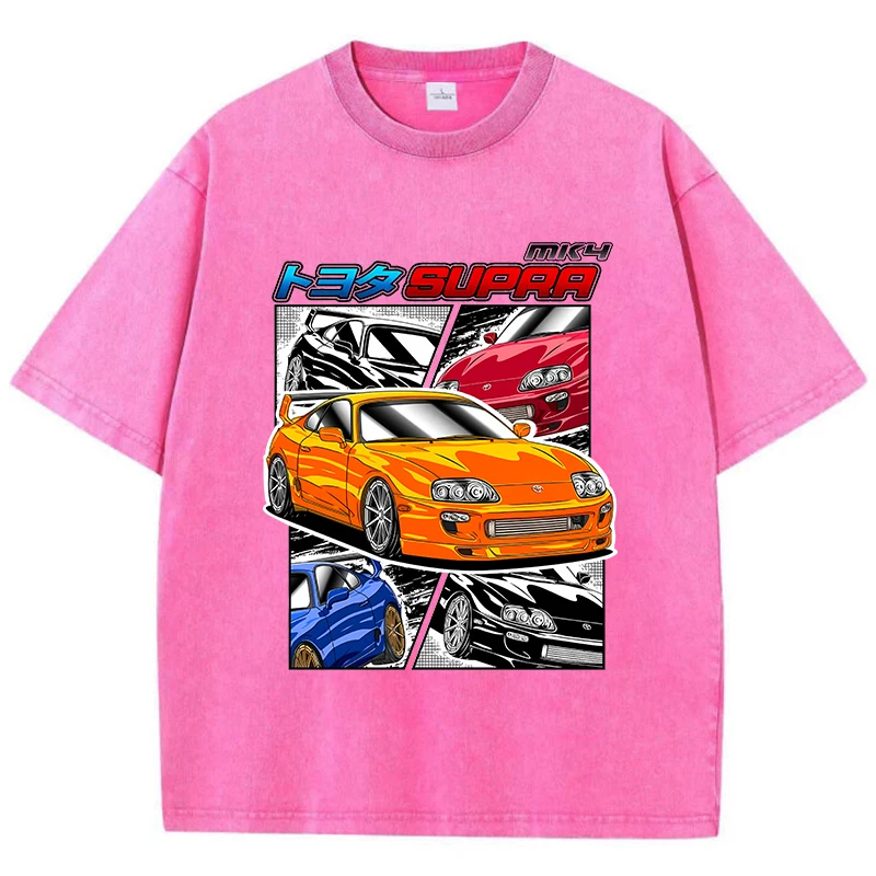 Street Woman Washed T-Shirts Supra Racing Comic Print Short Sleeve Comfortable Cotton Oversize Tops Summer Casual Female Clothes