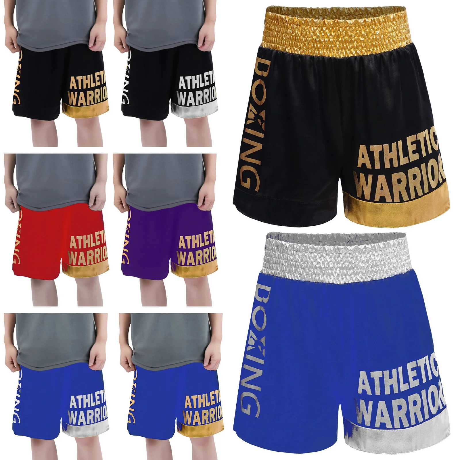 Pantalones cortos de boxeo para niños, ropa de entrenamiento tipo bóxer, pantalones cortos con abertura lateral ancha y elásticos con estampado de letras metálicas para fiesta de disfraces de Halloween
