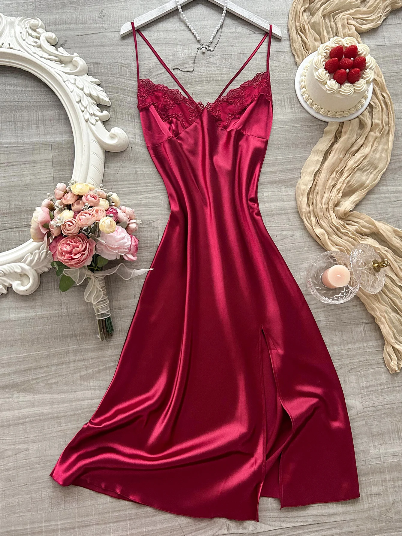 

New Sexy Women's Nightgown with Lace V Neck long halter dress Side Slit Backless Elegant and Fashionable Sleepwear for Home Use