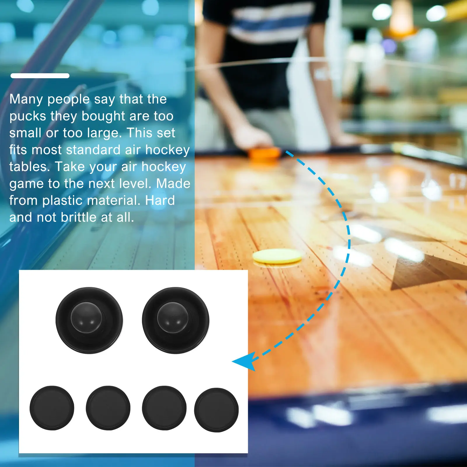 

Набор аксессуаров для аэрохоккея: пластиковые шайбы и толкатели, сменный комплект для стандартных столов, незаменимый элемент для игровой комнаты, толкатели для аэрохоккея