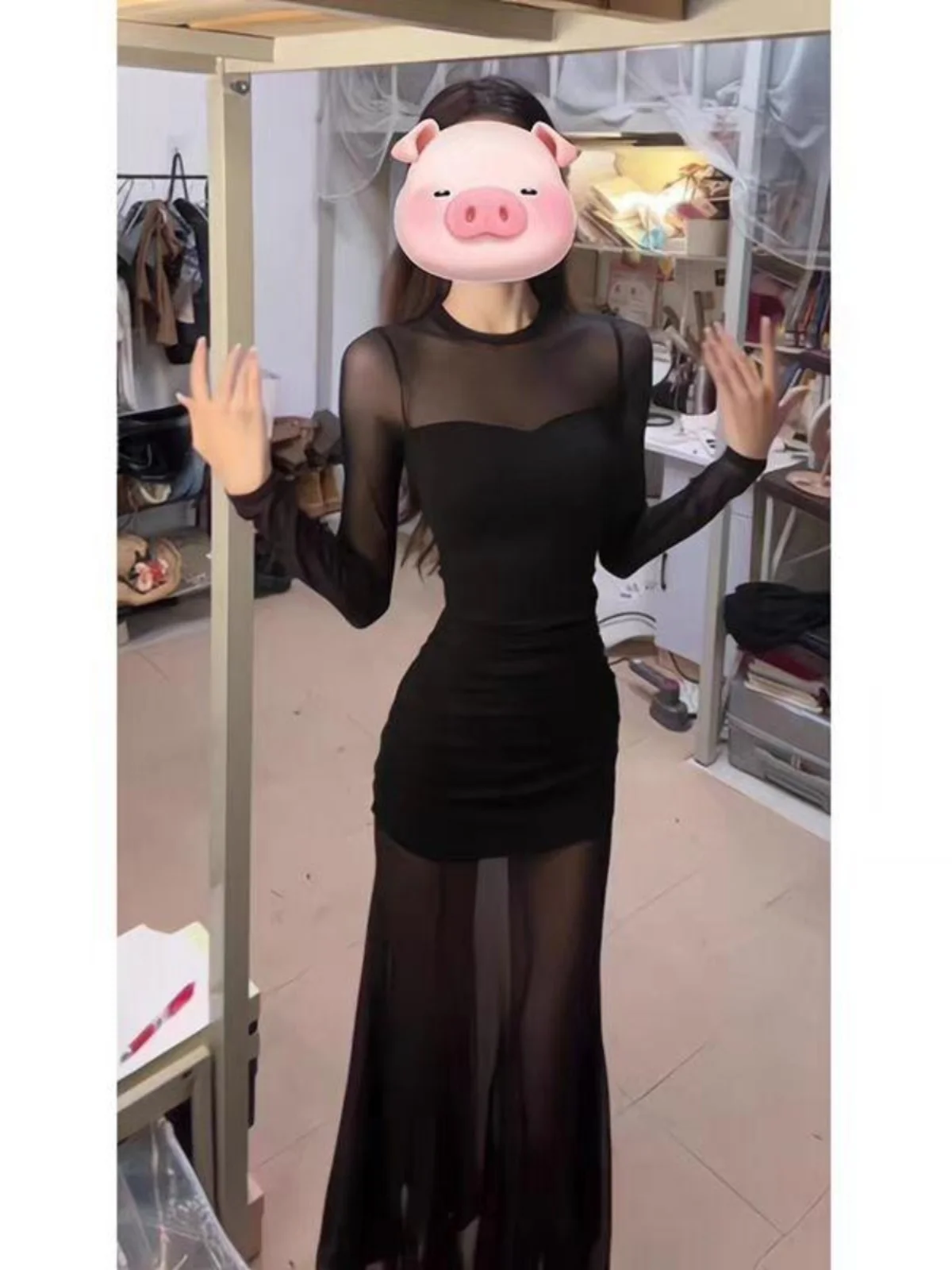 긴소매 여성 드레스 호코 여름 메쉬 튤 아플리케 머메이드 초미니 섹시 밀레니엄 핫걸 탄력성 솔리드