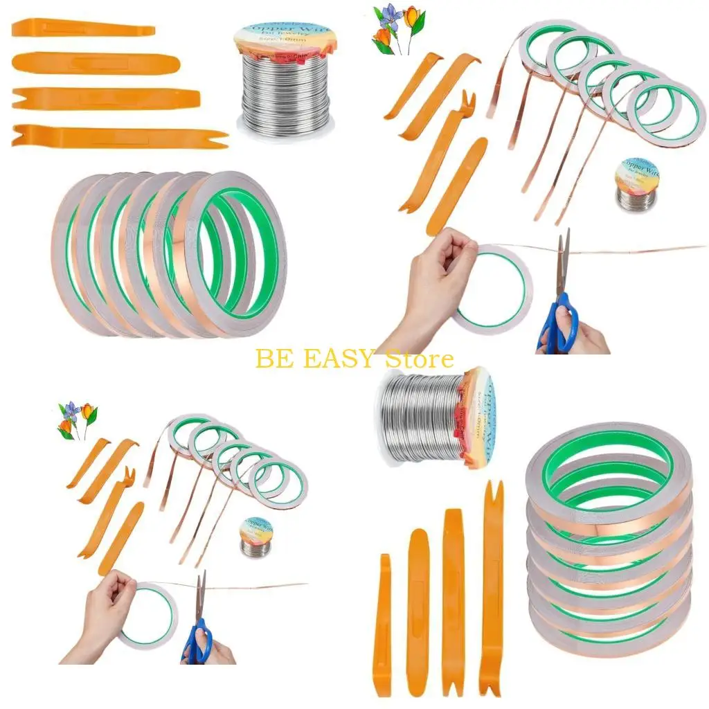 

E28F Stained Glass Crafting Set 6Rolls Copper Foil Tape 65.62ft Long Solder And 4 Plastic Spatula For Art Craft Project