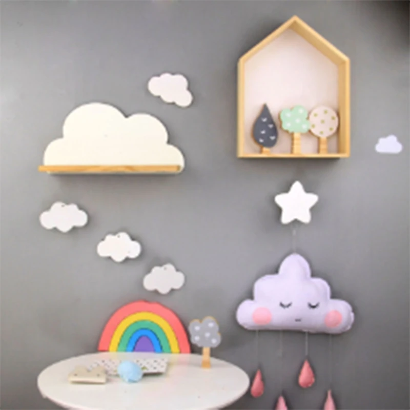 Wall Shelf Cloud Mount Rack Storage Wood Decor Mounted Folding Shape Wooden Shelving-AT35