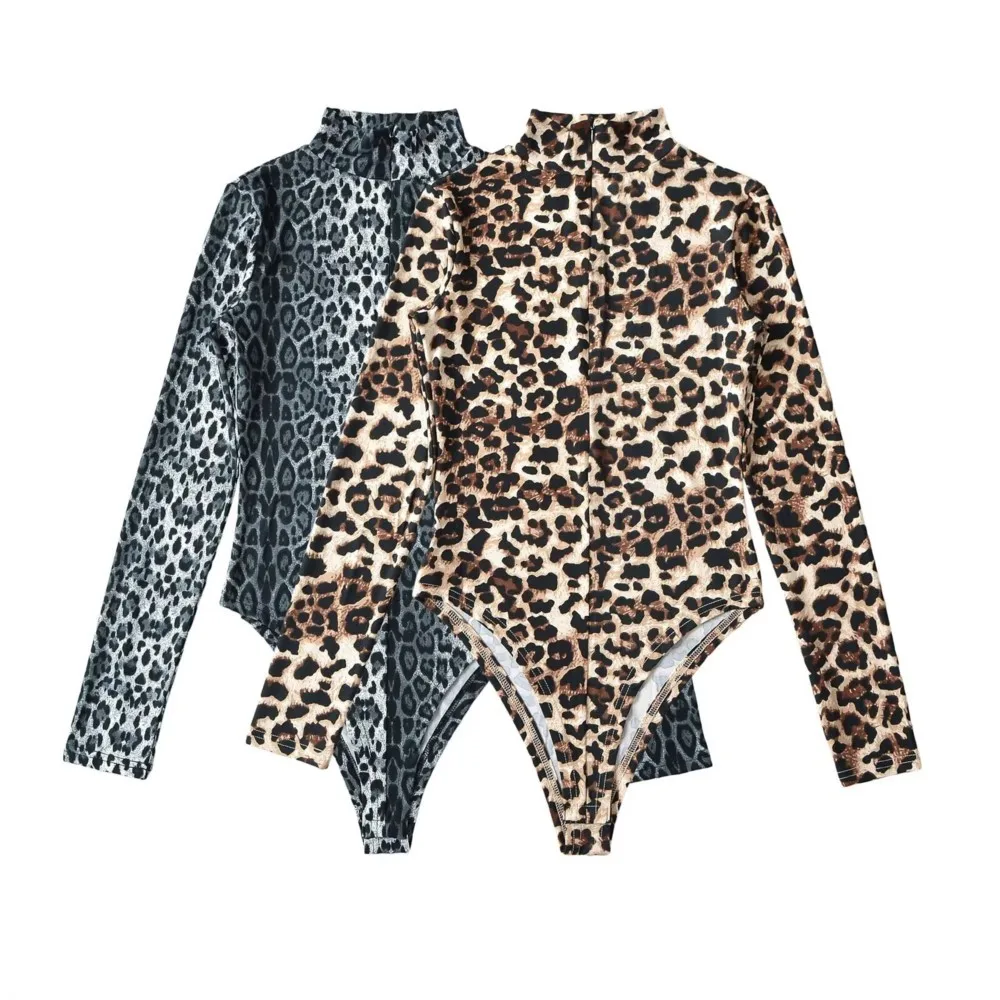 Americano retro aberto zíper gola animal leopardo impressão manga longa bodysuit sexy mulher macacão fino ajuste playsuits