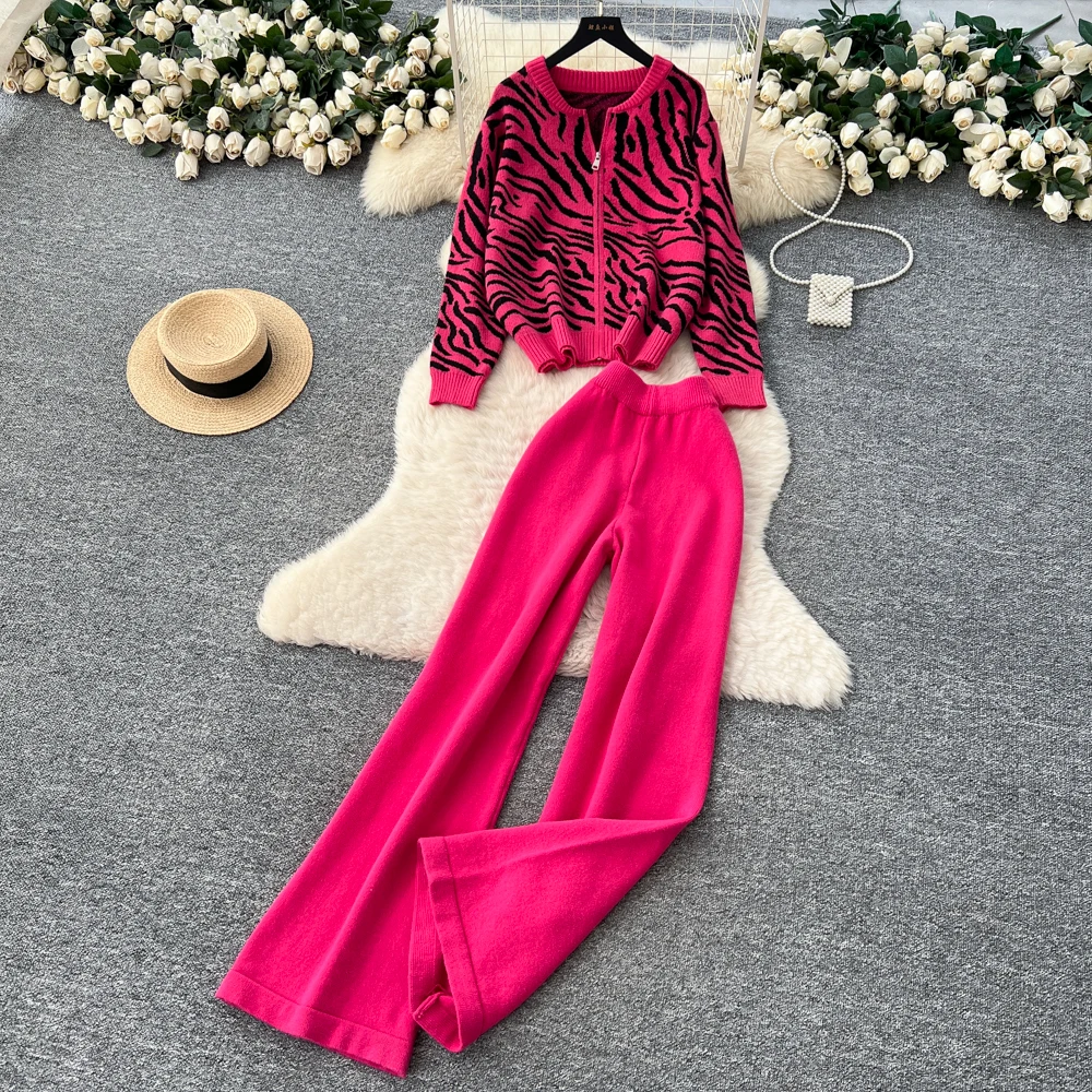

Sexy Two Pieces Sets long sleeve Knit print Top with Fashion High Waist Wide autumn Leg Pant Sets
