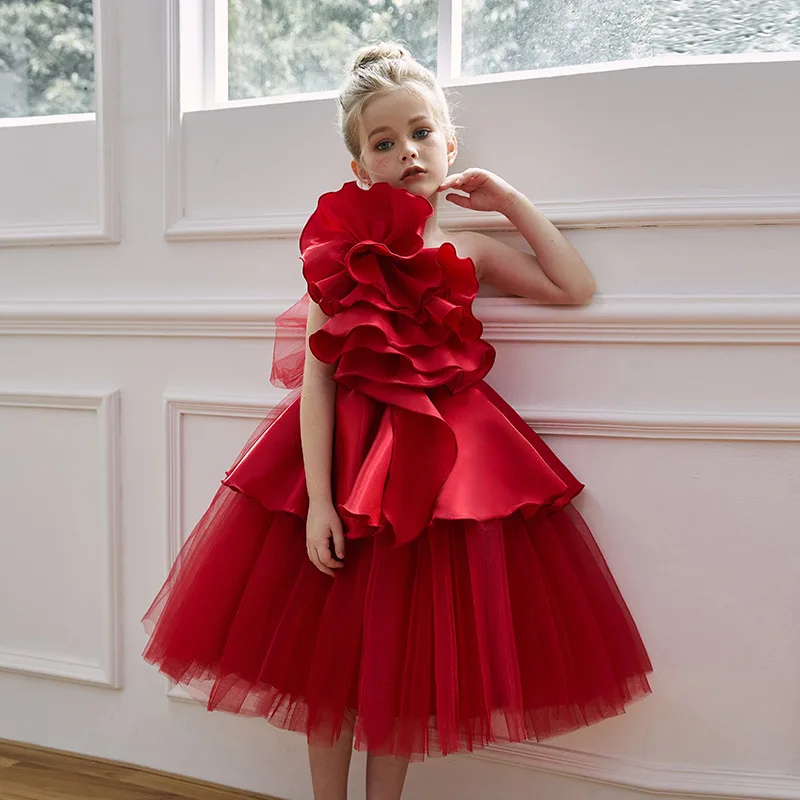 Red Girls' High-End French Style Forest Series Flower Little Host Walk Show Piano Performance Birthday Flower Girl Party Princes
