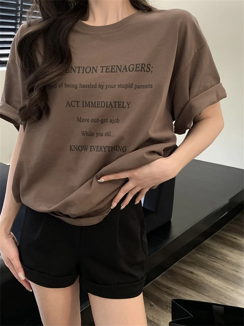 PLAMTEE Summer T-Shirts Casual Printed Chic Loose Letter Cotton BF Style 2024 Tees New Half Sleeve Daily All Match Oversize