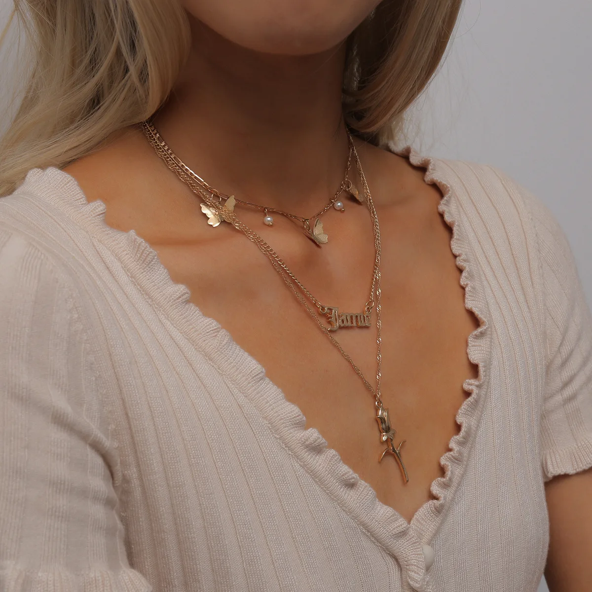 

Necklace Retro Hollow Letter Pendant Rose Butterfly Charm Mixed Metal Sweet Cool Everyday Office Lightweight Wear Silver