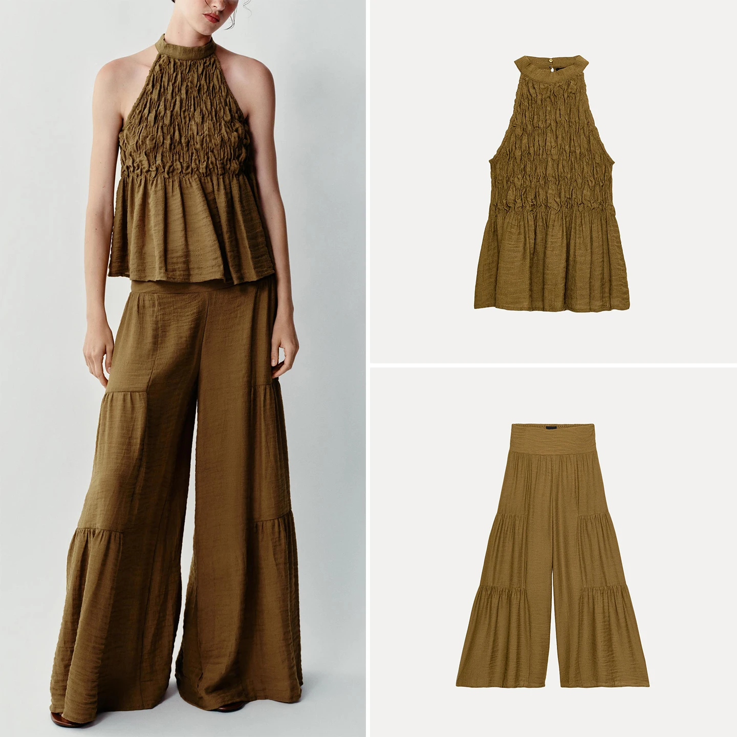 Women's Fashion Autumn Set 2026 Back Split Gored Neckline Wide Leg Pants Patchwork Trimmed Hanging Collar Top And Bottoms