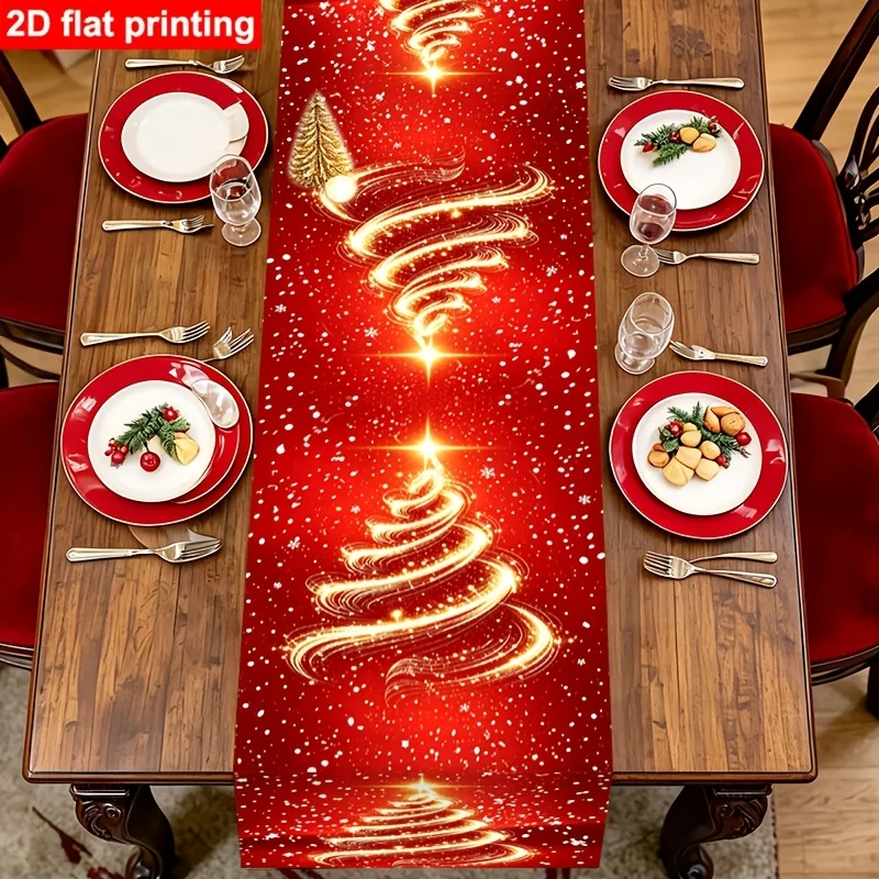 VIKAMA Christmas Table Runner Red Golden Xmas Tree Snowflake Decorative Washable Polyester Kitchen Dining Holiday Centerpiece