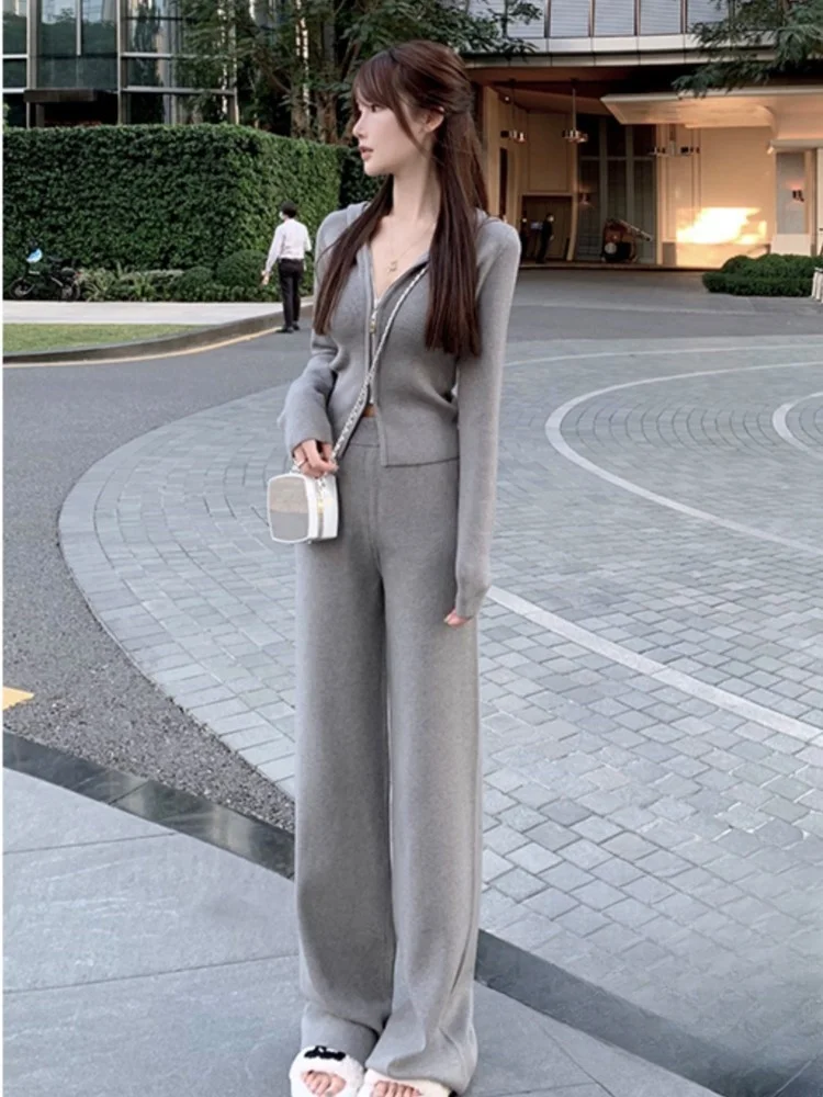 

Women Knitted Tracksuits Autumn Winter Hooded Long Sleeve Short Jacket High Waist Wide Leg Pants Two Piece Set Fashion Outfits