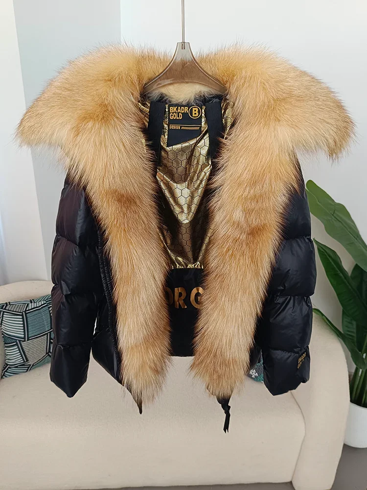 

2025 Real Fox Fur Collar Hooded Winter Women White Duck Down Short Jacket Black Gold Female Thick Warm Coat Luxury Outerwear