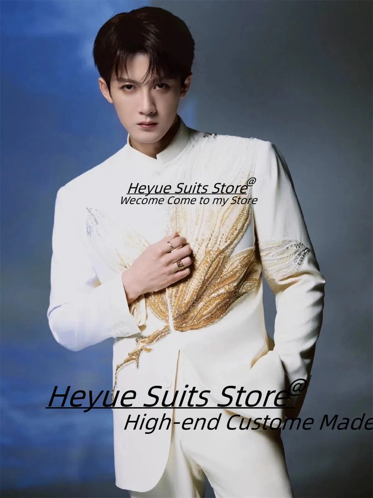 

Luxuly Chinese style Groom Wedding Tuxedos 2 Pieces Sets Elegant Stand Collar Men Suits Customized Slim Fit Male Formal Blazers