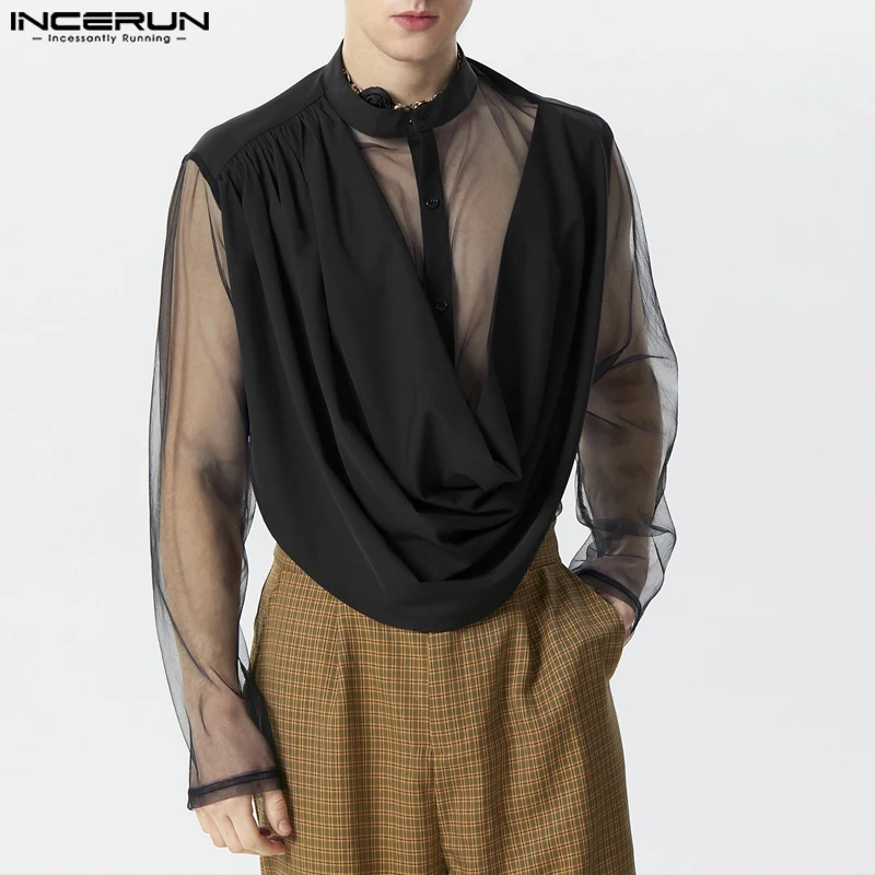 INCERUN Men's Irregular Shirt Mesh Patchwork Stand Collar Long Sleeve Camisas Streetwear Transparent 2026 Fashion Men Clothing