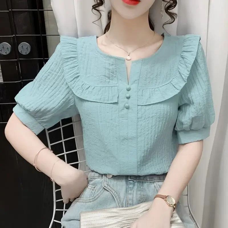 Summer New Casual Fashion Ruffles Solid Simple Shirt Ladies Short Sleeve Loose All-match Pullover Blouse Women Oversized Tops