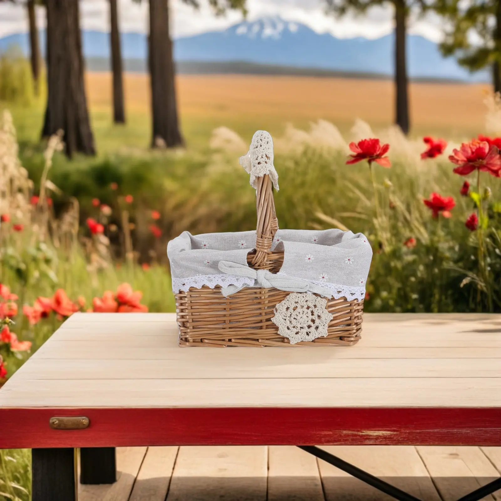 Rectangular Handwoven Willow Basket for Picnic Fruit Garden Harvest Storage Portable Wicker Tote with Handle Breathable Open Top