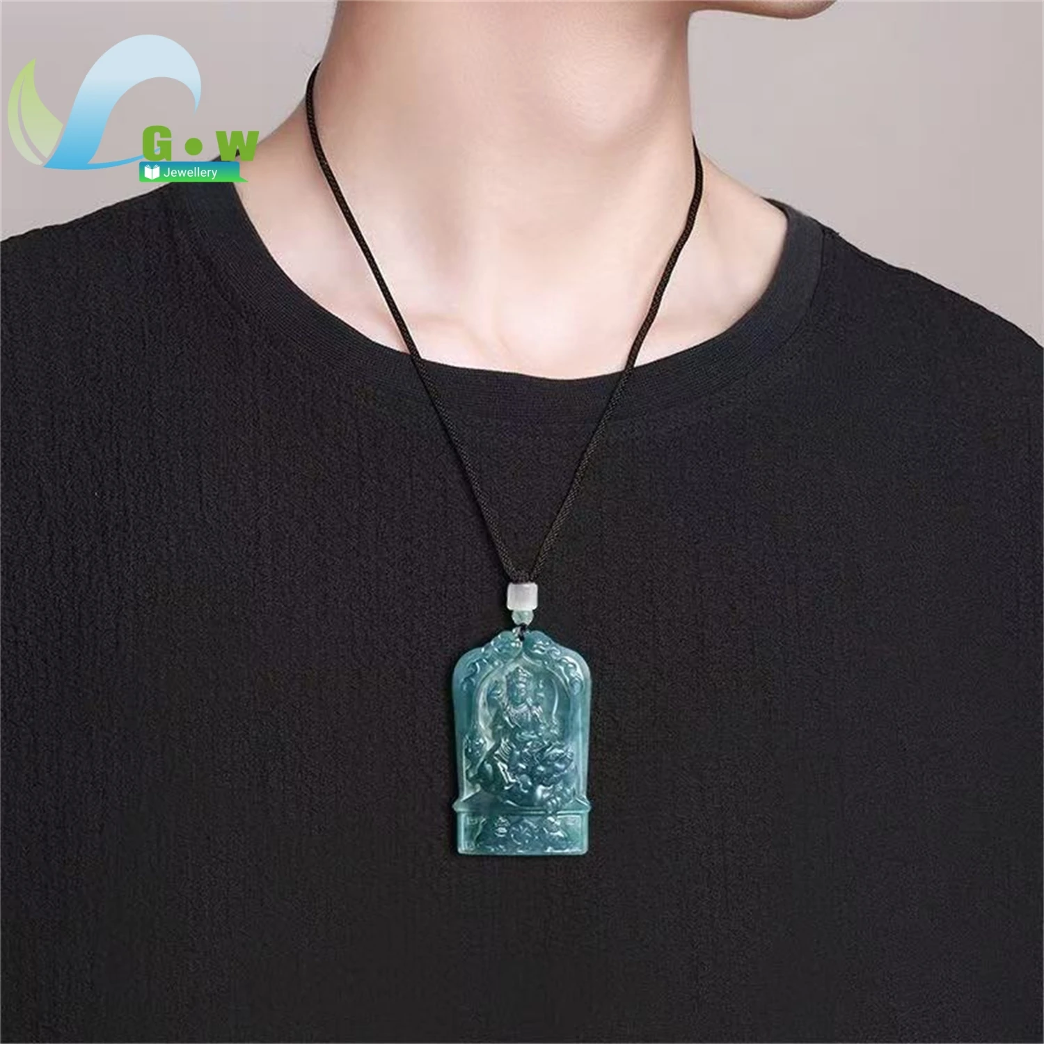 Natural Grade A Jadeite Blue Water Ice Type Manjushri Bodhisattva Pendant Hanging Jade Amulet Necklace Unisex Carved Gemstone