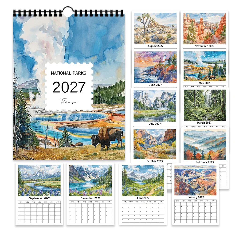 1pc, 2027 Wall Calendar, National Park Art, 12 Month Planner for Home Office Decor, Christmas New Year Gift with Stickers