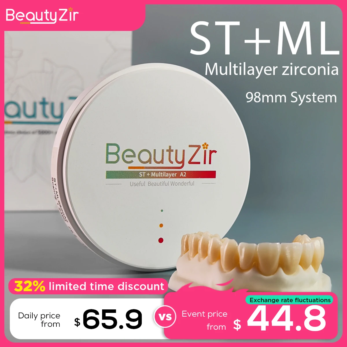 Beautyzir Dental Zirconia Block ST+ML Multilayer 98mm systems Thickness 12-25mm Colors A1-B1 Super Translucency Event Links