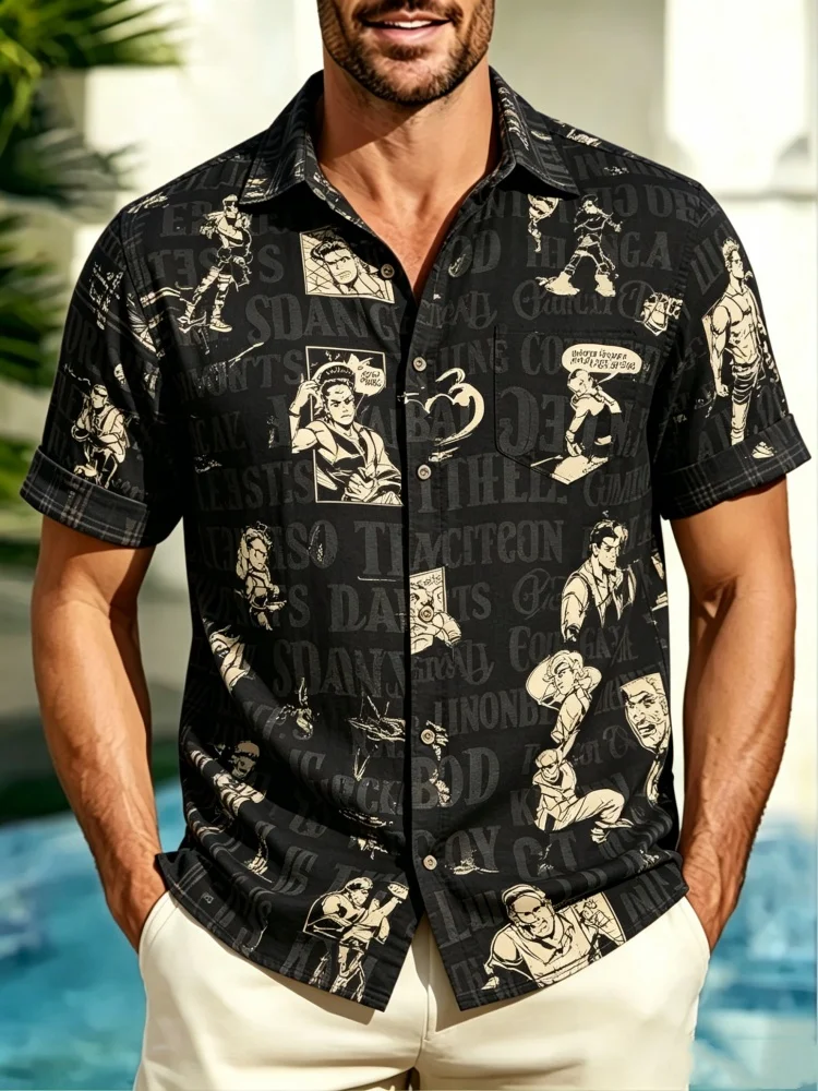 

Men's Comic Print Short Sleeve Shirt, Loose Comfort Casual Button-Down with Left Chest Pocket, Breathable Summer Blouse