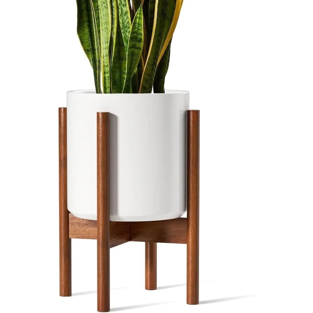 

10 Inch Planter with Acacia Wood Stand, Ceramic Planter for Indoor Plants with Adjustable Plant Holder, Mid-Century Mod