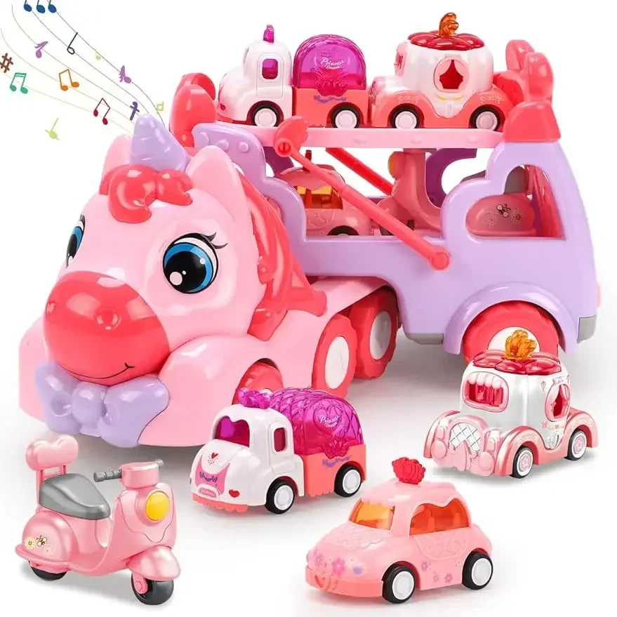 5 in 1 Unicorn Carrier Truck Car Toys for Girls Unicorn Toddler Toys Car Set with Music & Light Birthday Gift for Baby Boys Kids